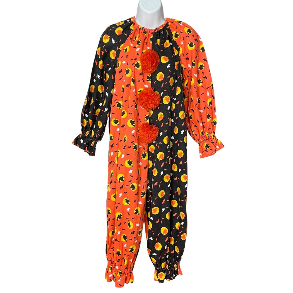Vintage Handmade Clown Costume Halloween Jumpsuit Orange Black Pom Poms